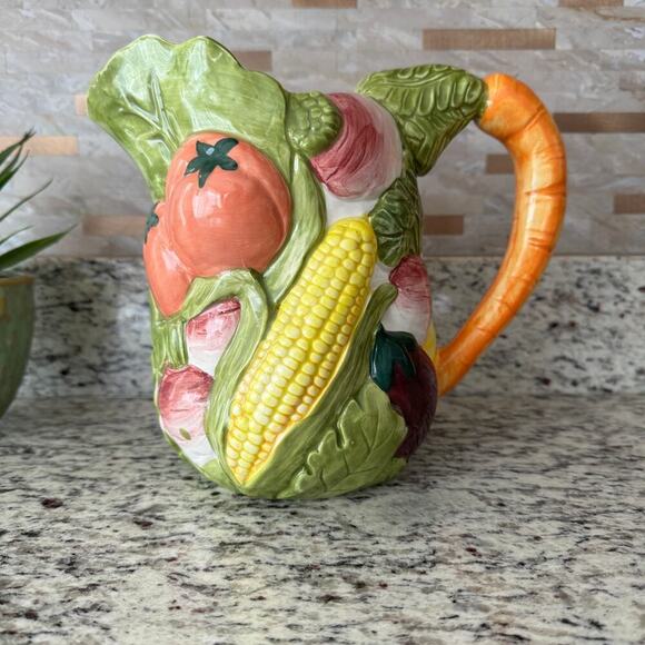 Pitcher, Vintage, Majolica, Ceramic Handpainted Garden Vegetables Decor, Italian - Picture 1 of 10
